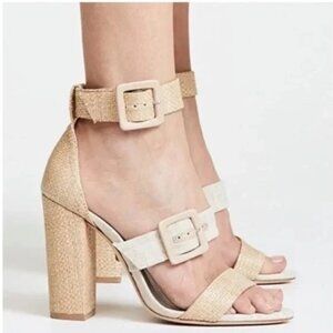 Schutz Sarah Raffia and Linen Strappy Block Heel Sandals Tan Neutral Size 7.5